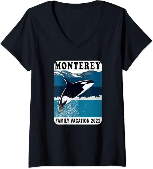 Womens Monterey, CA Family Vacation 2021 Whale Orca Ocean V-Neck T-Shirt