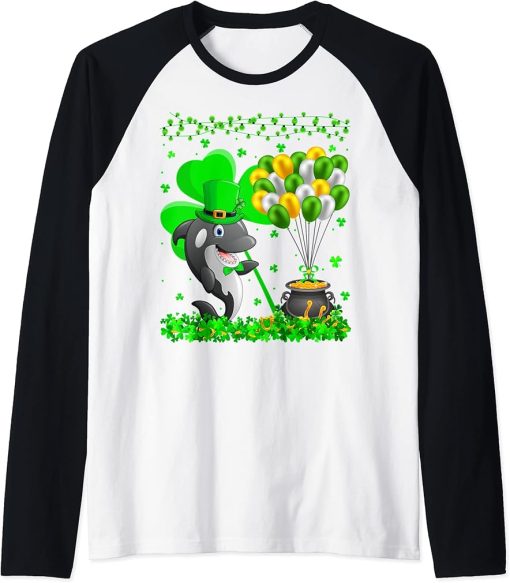 Orca Fish Lover Funny Shamrock Leaf Orca St Patrick"s Day Raglan Baseball Tee