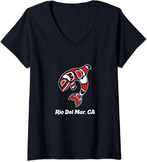 Womens Native American Rio Del Mar CA Tribal Orca Killer Whale V-Neck T-Shirt